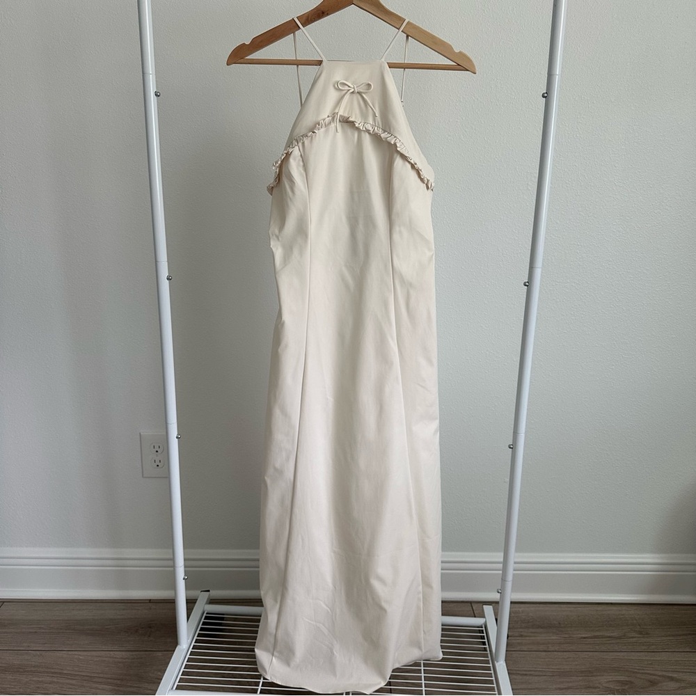 Secodee Halter Midi Cream Dress with Bow and Ruffle Detail